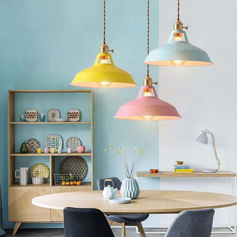 

Macaron Colors Indoor Pendant Lights for Restaurant Kitchen Home Ceiling Lamp Vintage Hanging Light Lampshade Lighting Fixtures