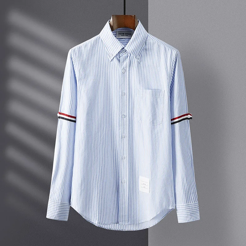 

2024 New High Quality TB Shirt Unisex Summer Fashion Weaving Colorful Striped Shirt Academy Long Sleeve Flip Collar Couple Shirt