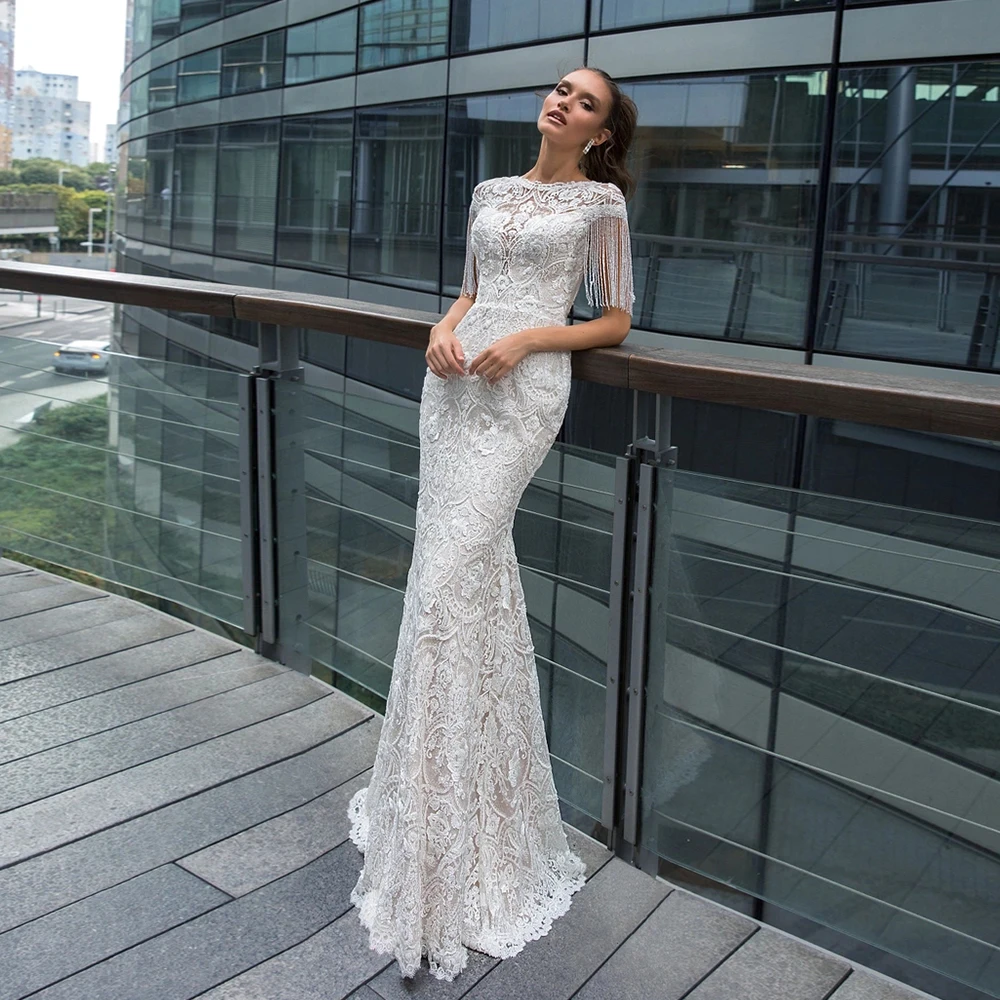 

Luxury Mermaid Wedding Dress For Woman Scoop Neck Floor Length Chic Applique Lace Bridal Gown With Beading Button Back Vestidos