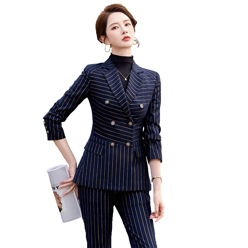 

Formal Uniform Designs Women Business Suits Spring Autumn Elegant Golden Striped for Ladies Office Work Wear OL Styles Blazers