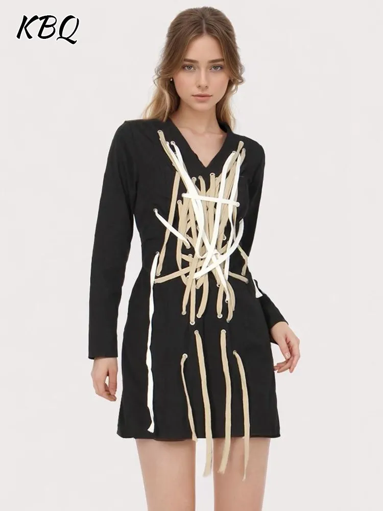 

KBQ Spliced Lace Up Colorblock Chic Mini Dress For Women V Neck Long Sleeve Patchwork Zipper A Line Casual Dresses Female New