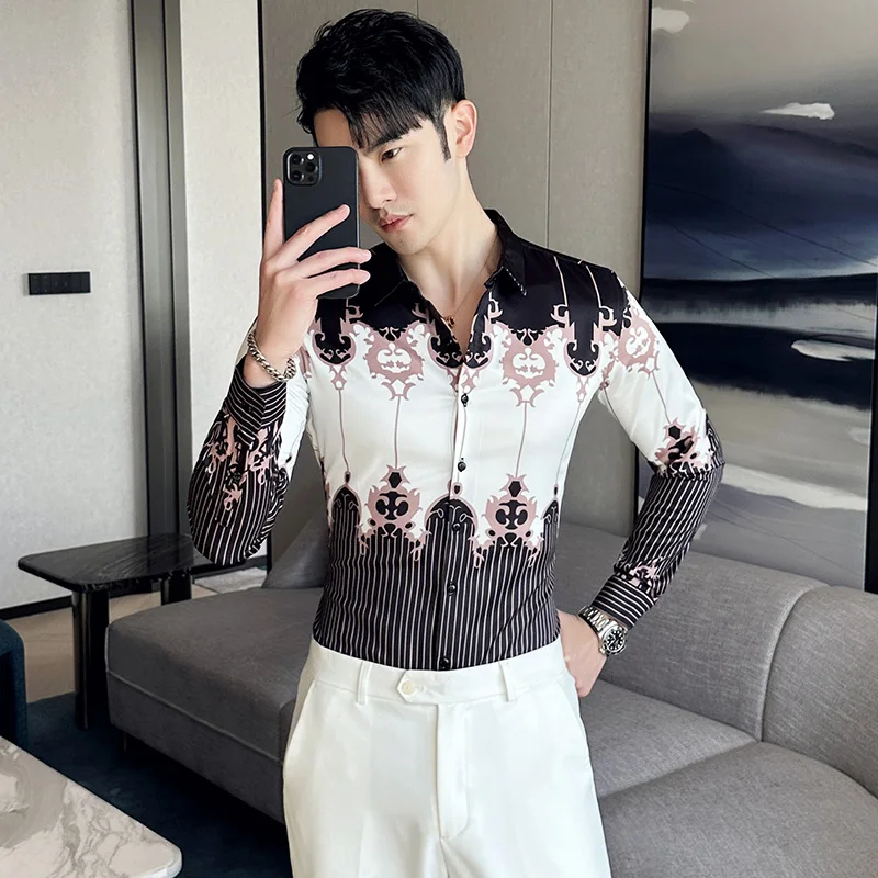 

New Cross-border Europe and The United States High-grade Fashion Casual All Fashion Printed Long-sleeved Slim Men's Shirt