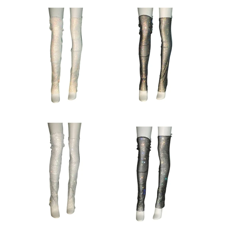 

Fashion Women Rhinestones Mesh Long Socks Leg Sleeve Fishnet Thigh Highs Over Knee Leg Warmer Cover Stockings Clubwear