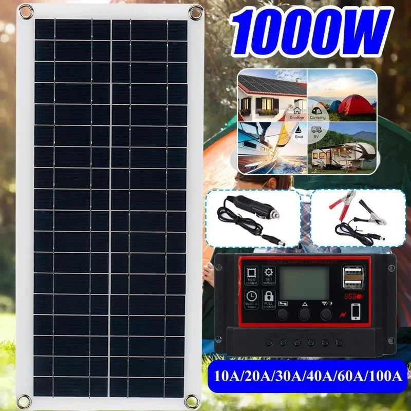 1000W Solar Panel 12V Solar Cell 10A-100A Controller Solar Plate Kit For Phone RV Car Caravan Home Camping Outdoor Battery
1000W Solar Panel 12V Solar Cell 10A-100A Controller Solar Plate Kit For Phone RV Car Caravan Home Camping Outdoor Battery