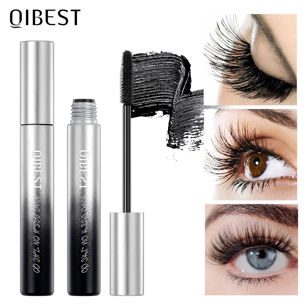 

QIBEST New Black Mascara Waterproof Lengthens Eyelashes Extension Non-smudge Lengthening Volume 4D Silk Fiber Mascara Cosmetics