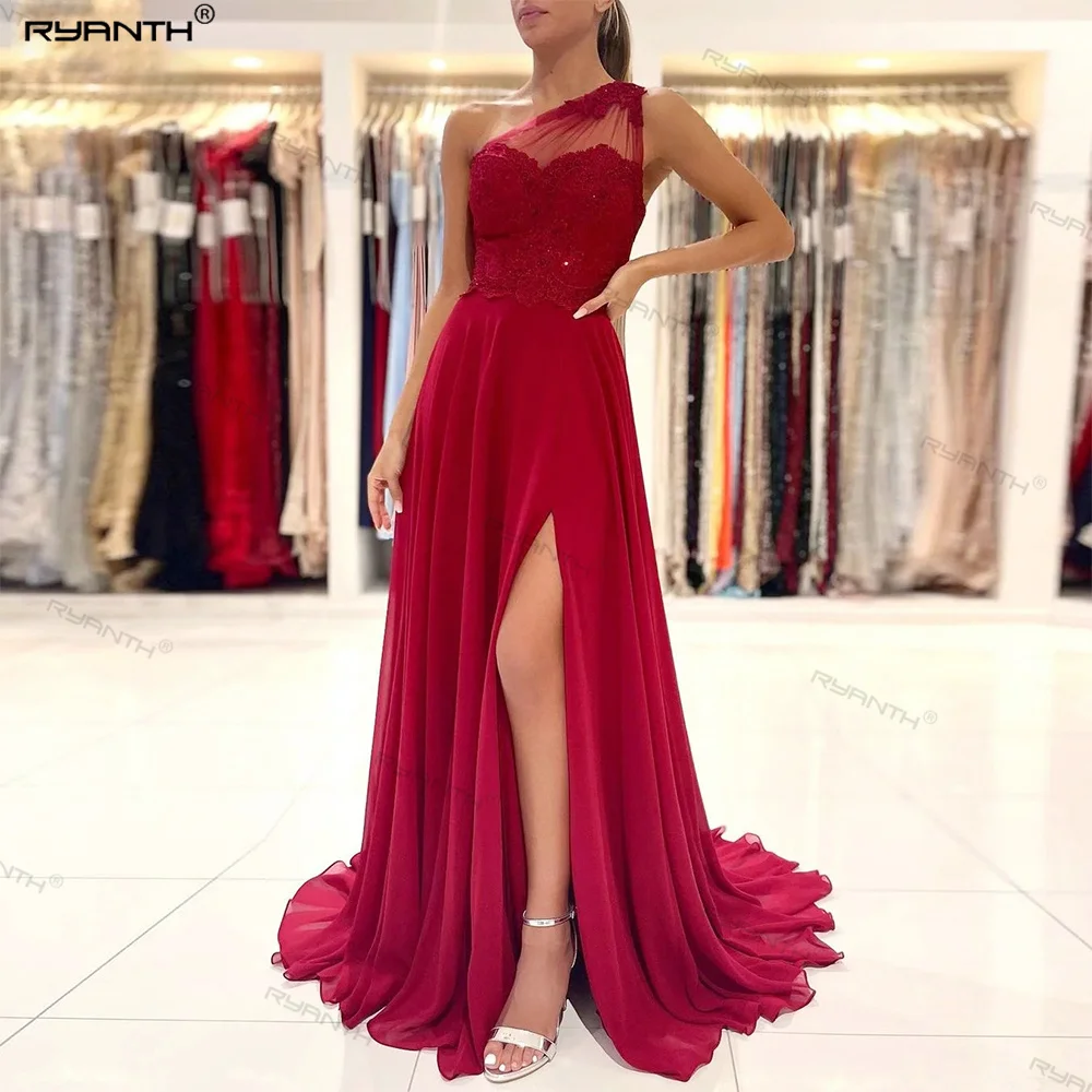

Burgundy Chiffon Long Prom Dresses Lace Slit Side One Shoulder Evening Gowns Women Formal Party Celebrity Special Occasion Dress