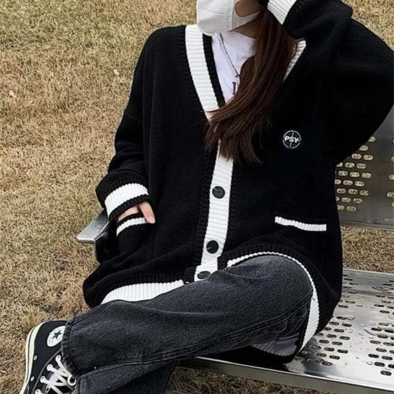 Deeptown Korean Style Black Knitted Sweater Women Oversize Fashion Single Breasted Knitwear Jackets Autumn Jumper Coat
Deeptown Korean Style Black Knitted Sweater Women Oversize Fashion Single Breasted Knitwear Jackets Autumn Jumper Coat