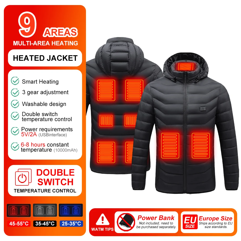 9 Areas Heated Jacket for Men Women Winter Outdoor Adjustable Heating Coat USB Powered Thermal Coat for Skiing Camping EU Size
9 Areas Heated Jacket for Men Women Winter Outdoor Adjustable Heating Coat USB Powered Thermal Coat for Skiing Camping EU Size