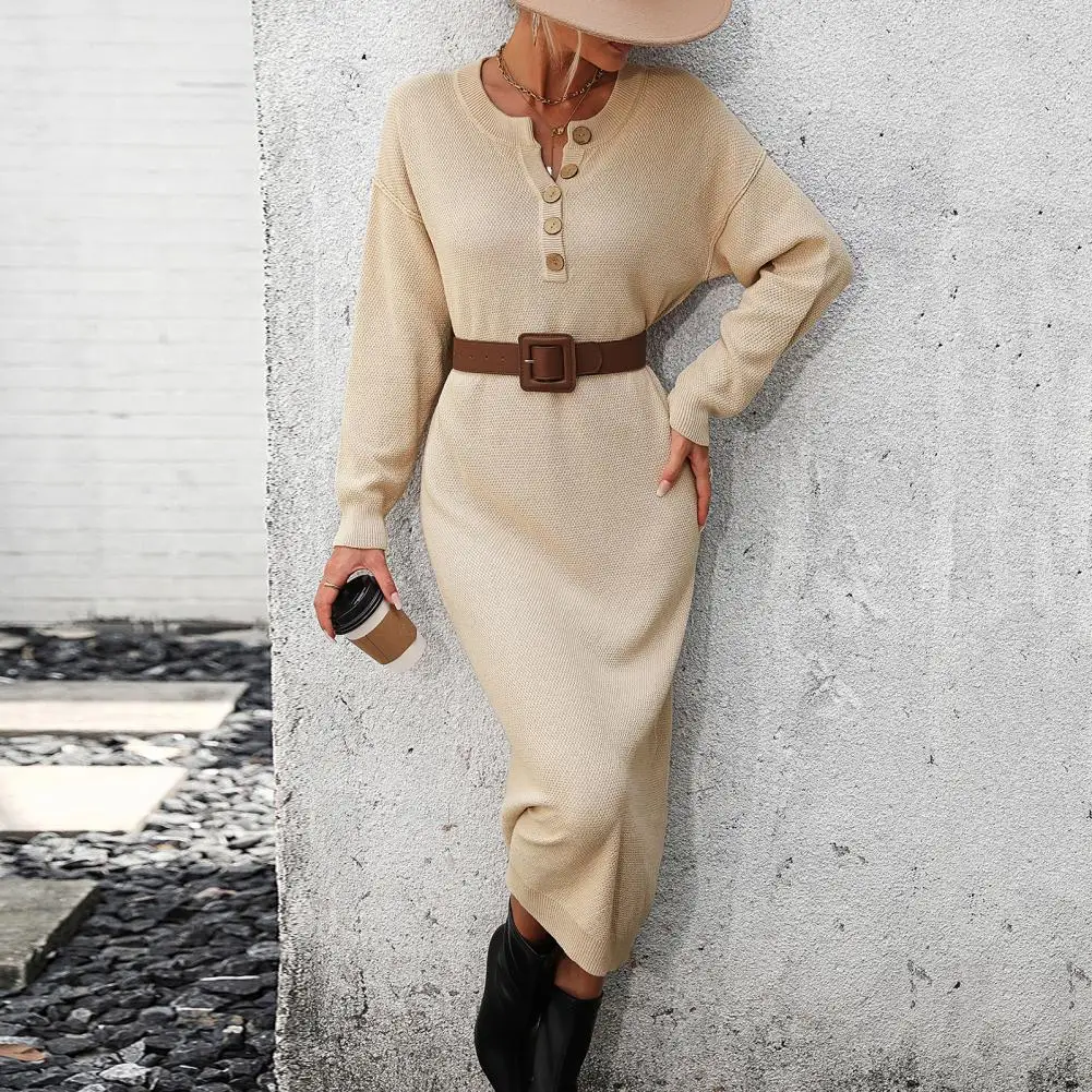 Women Fall Winter Dress Knitted Solid Color Button Decor Long Sleeve Elastic Soft Slim Fit Mid-calf Length Midi Dress
Women Fall Winter Dress Knitted Solid Color Button Decor Long Sleeve Elastic Soft Slim Fit Mid-calf Length Midi Dress