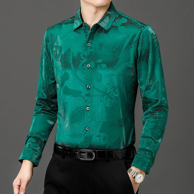 

2024 Luxury Blackish Green Velvet Shirts For Mens Burgundy Big Size Blouse Velour Flowers Gents Casual Clothing Claret Red Tops