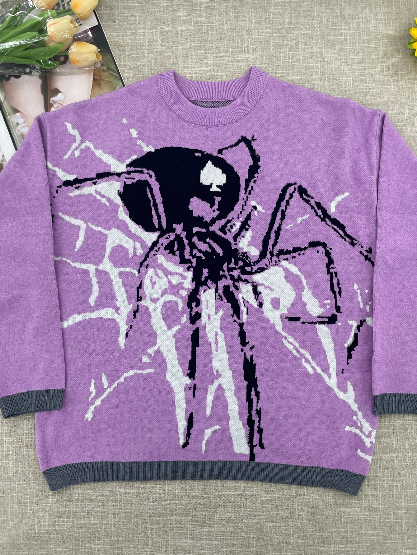 

Spider Print Sweater Women Goth Grunge Vintage Jumper Streetwear Oversize Pullover Y2k Harajuku Hip Hop Mens Clothing