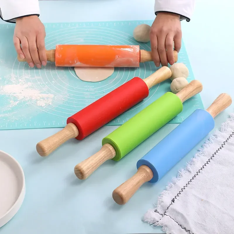 

23cm Wooden Handle Silicone Rolling Pin Non-stick Fondant Pastry Dough Roller Kitchen Pasta Baking Tools Biscuit Cupcake