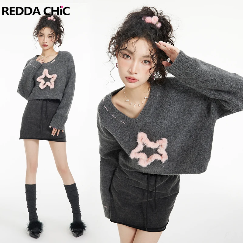 

ReddaChic Retro Gray V-Neck Jumper for Women Y2k Plush Star Stitch Crop Top Pullover Loose Casual Long Sleeves Sweater Knitwear