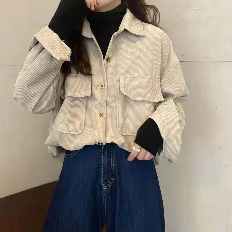 

Shirts Vintage Corduroy Coats Women Fall Solid Korean Streetwear Oversize Jacket Casual Elegant Loose Full Sleeve Lapel Outwear