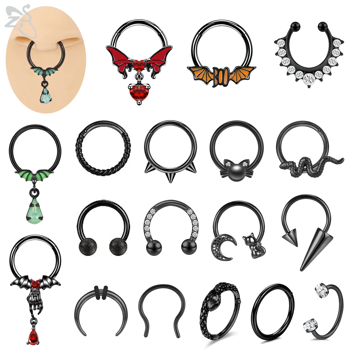

ZS 1 PC Black Color Stainless Steel Nose Ring Punk Bat Spike Septum Piercings Cartilage Helix Tragus Piercing Body Jewelry 10MM