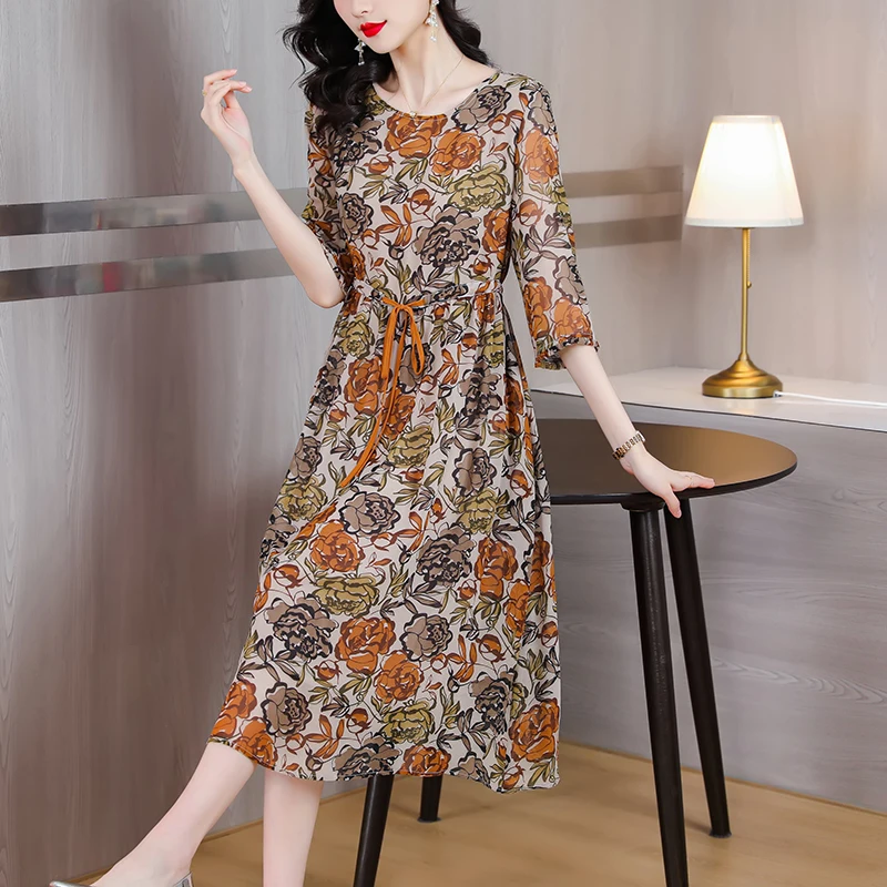 

Elegant Floral Vintage Women Summer Party Dress 2023 New Korean Fashion O-Neck Mulberry Silk Tunics Midi Casual Long Vestidos