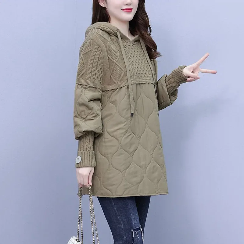 

2024New Autumn Winter Splicing Sweater Women Jacket Long Sleeves Hooded Loose knitted Sweater Coat Female Thicken Warm Outerwear