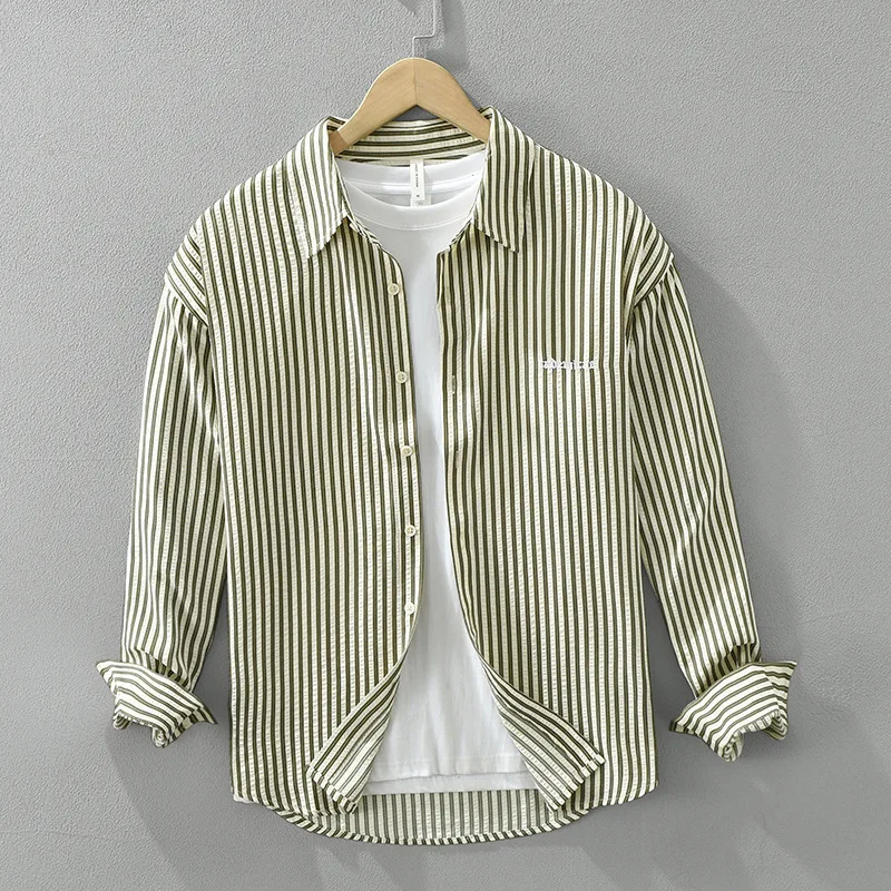 

Classic Vertical Striped Shirt Coats for Men Spring Autumn Fall Art Casual Workwear Youth Male Cool Japan Cityboy Daily Tops