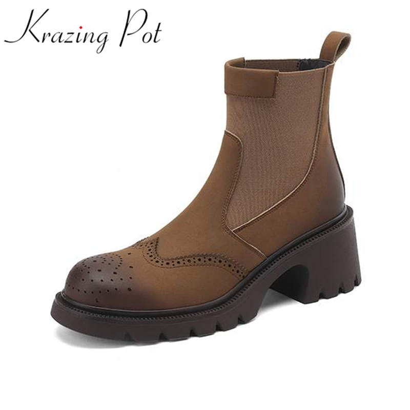 Krazing Pot Cow Leather Round Toe Thick Heels Winter Fashion Chelsea Boots Slip On Carving Decoration England Style Ankle Boots
Krazing Pot Cow Leather Round Toe Thick Heels Winter Fashion Chelsea Boots Slip On Carving Decoration England Style Ankle Boots