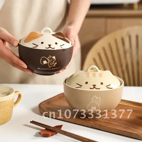 

Ceramic Japanese Cute Cat Soup Bowl Cover Kawaii Instant Noodle Ramen Salad Baby Bowls Child Cartoon Decorative Dinnerware