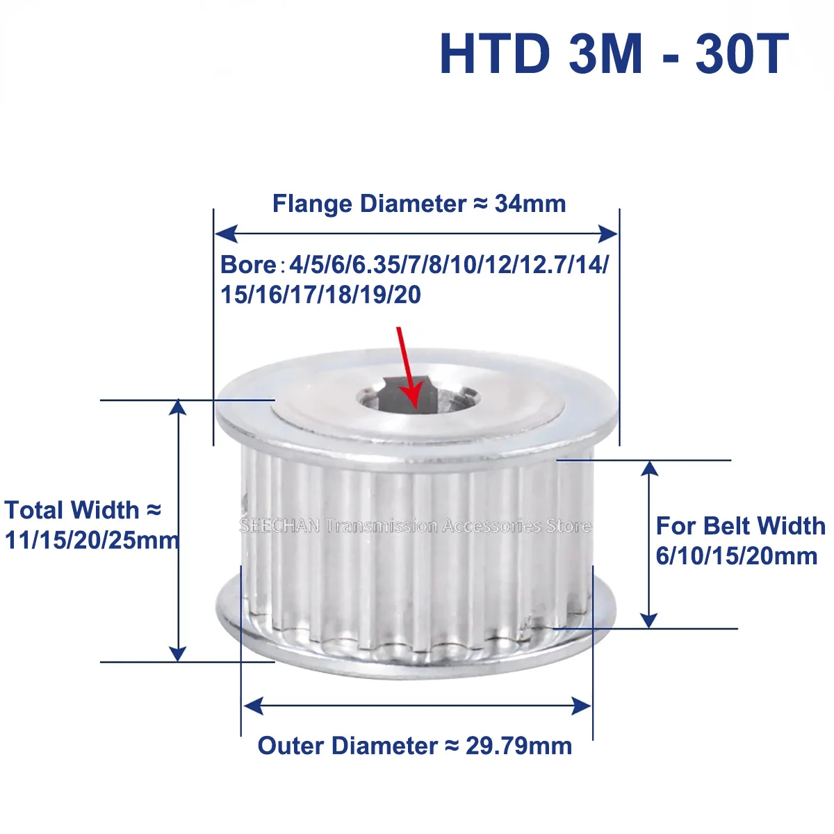 30 Teeth HTD 3M Synchronous Pulley Bore 4/5/6/6.35/7/8~14mm for Width 6/10/15/20mm HTD3M Timing Belt HTD3M Pulley Wheel 30Tooth
30 Teeth HTD 3M Synchronous Pulley Bore 4/5/6/6.35/7/8~14mm for Width 6/10/15/20mm HTD3M Timing Belt HTD3M Pulley Wheel 30Tooth