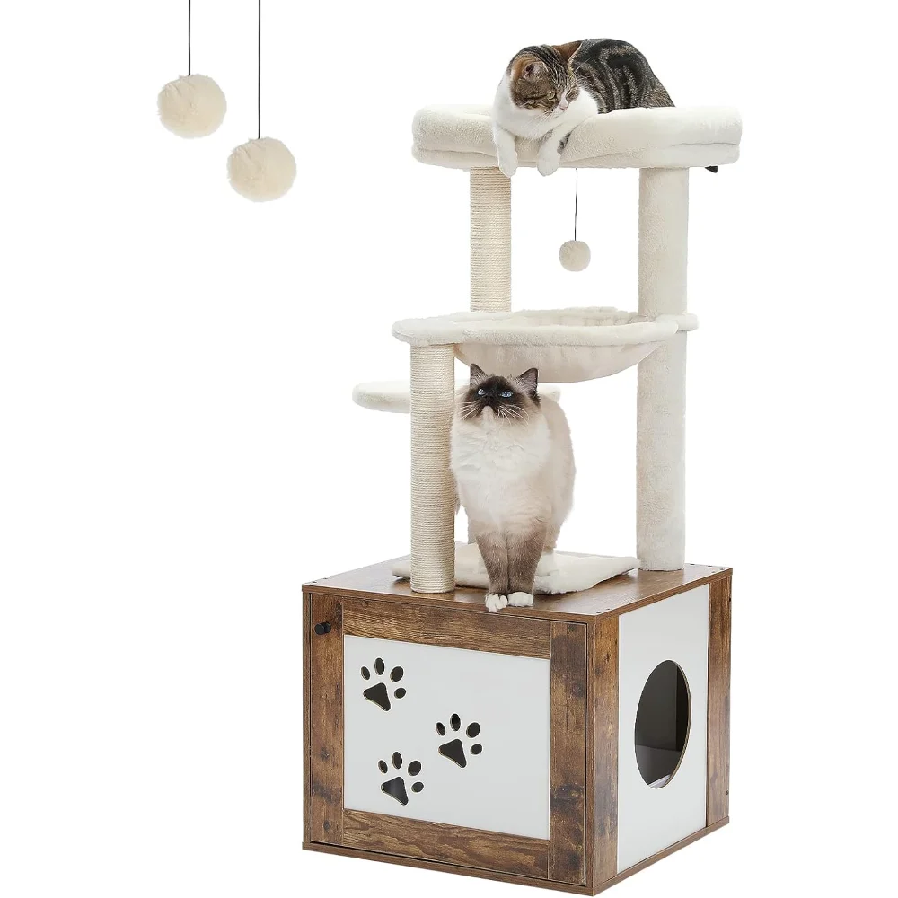 

PETEPELA 46" Modern Cat Tower Wood with Super Large[Dia 15.7"] Hammock,Cat Tree with Litter Box Enclosure