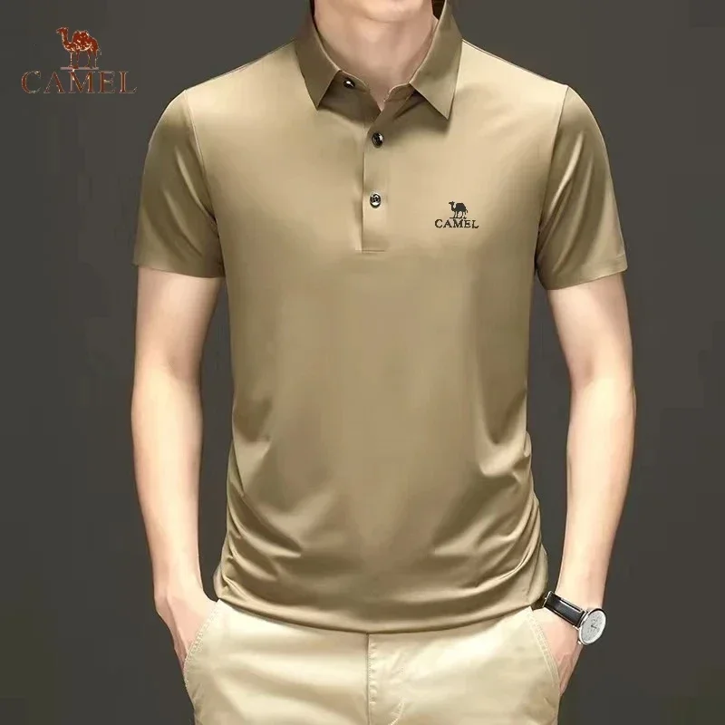 

New High-end Embroidered CAMEL Silk Polo Shirt Summer Men's Fashionable Business Casual Breathable Short Sleeved T-shirt Top