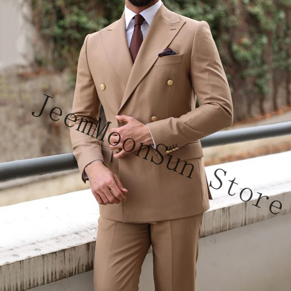 

Khaki Double Breasted Male Suits Slim Fit 2 Pieces Best Men Suits Male Tuxedos For Wedding Groom Wear Blazer Pants Costume Homme