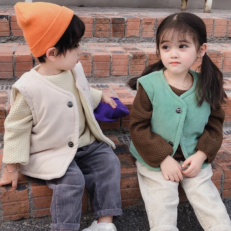 

Autumn and Winter Solid Color Corduroy Waistcoats 1-7Y Children's Sleeveless Single Breasted Fleece Vest Kids