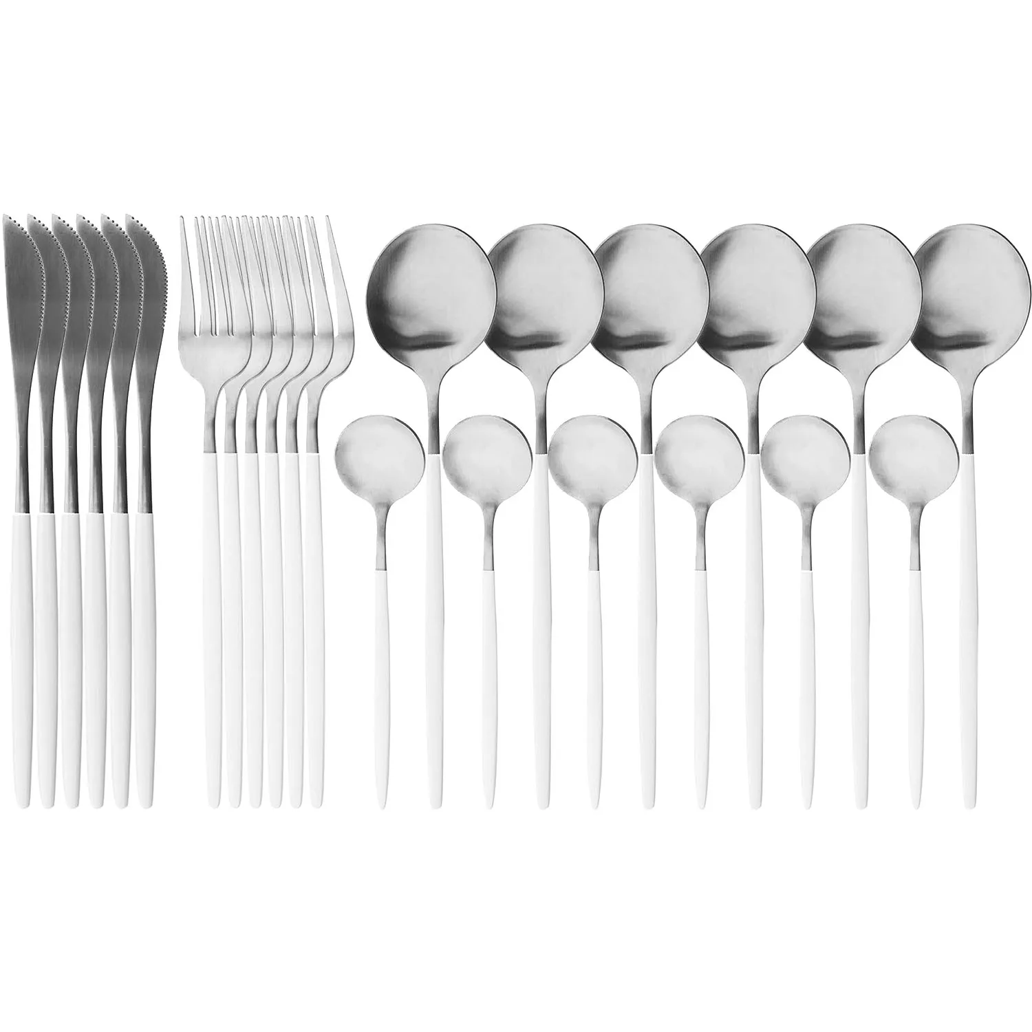 

24Pcs White Cutlery Set Black Silver Dinnerware Stainless Steel Flatware Set Knife Fork Spoon Silverware Dinner Tableware Set