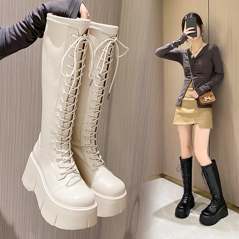 

Platform Knee High Boots Women 2023 Autumn Winter Thick Platfrom Long Boots Woman Fashion Zipper Lace-Up Solid Thigh Botas Mujer