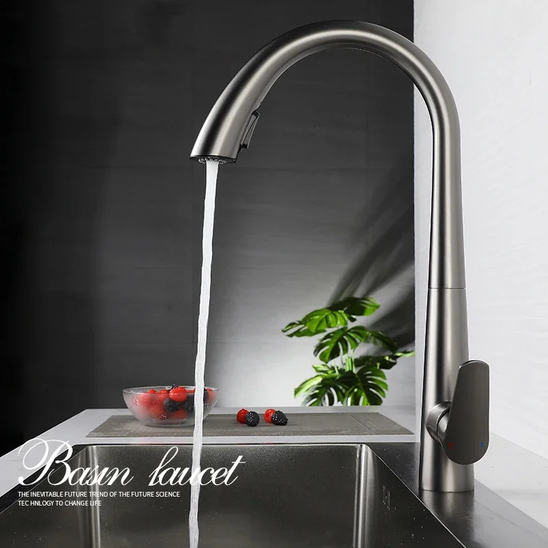 

Gun Gray Pull-out Kitchen Faucet Hot And Cold Mixer Water Tap Kitchen Washbasin Sink Rotatable Retractable Black White Faucet