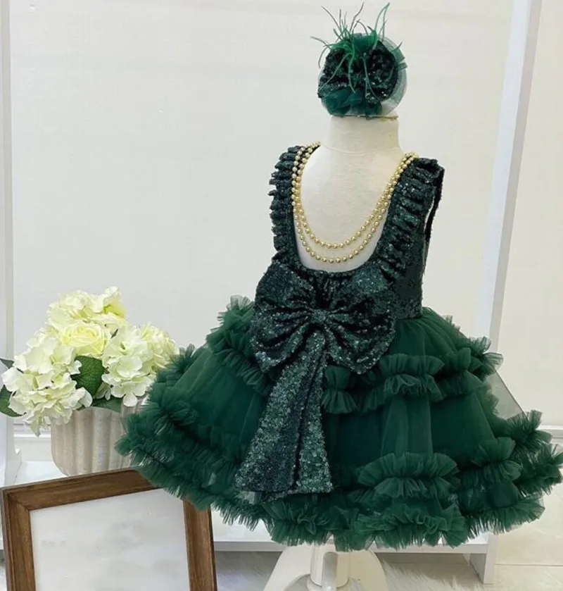 

Knee length Emerald Green Baby Girl Dress with Fluffy Pearl Detail Tutu Toddler Flower Girl Dress with Ruffles 12M 18M 24M