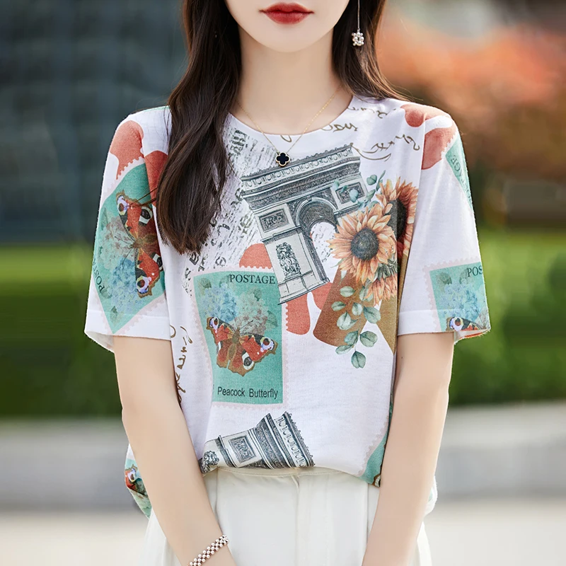 Summer New Women's Short-Sleeved Loose Round Neck Fashion Printing Mulberry Silk Knitted Sweater Thin Bottoming Shirt T-shirt
Summer New Women's Short-Sleeved Loose Round Neck Fashion Printing Mulberry Silk Knitted Sweater Thin Bottoming Shirt T-shirt