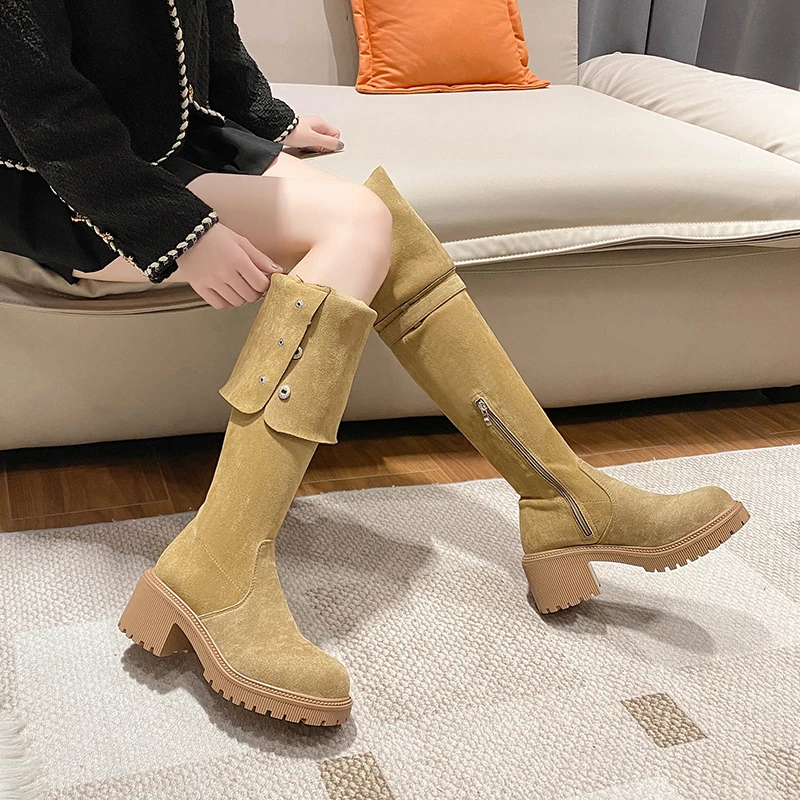 

Retro two piece foldable thick soled western boots, autumn and winter new leather plush long tube boots, knee high knight boots