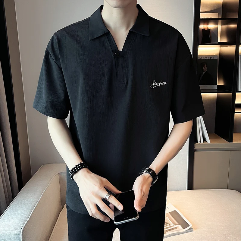 Рубашка-поло мужская с коротким рукавом, повседневная сорочка с отложным воротником, однотонная, лето