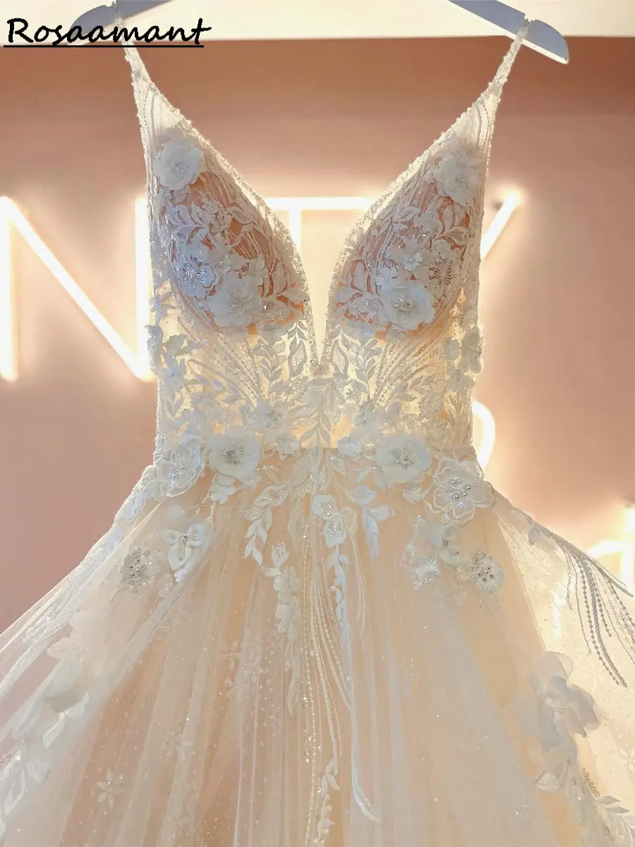 Real Image Illusion Glitter Crystal A-Line Wedding Dresses Spaghetti Straps 3D Flowers Appliques Bridal Gowns Robe De Mariée
Real Image Illusion Glitter Crystal A-Line Wedding Dresses Spaghetti Straps 3D Flowers Appliques Bridal Gowns Robe De Mariée