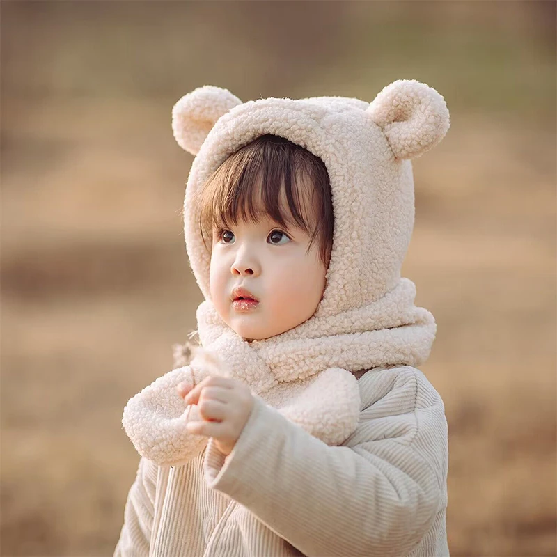 

Зимний Теплый детский шарф, шапка, плюшевый детский шарф, защита ушей, зимняя Лыжная ветрозащитная шапка, облегающие шапки из овечьей шерсти, шейный снуд
