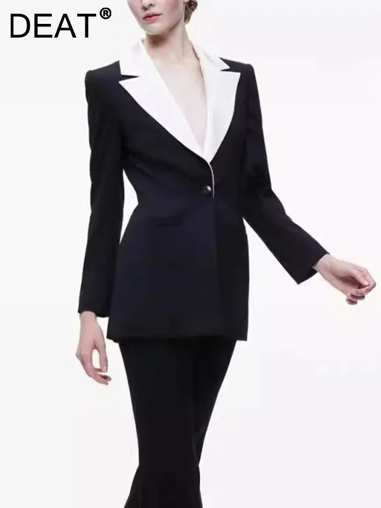 

DEAT Fashion Women's Blazer Notched Contrast Color Single Button Waist Retraction Slim Suit Jackets Summer 2024 New Tide 7AB3918