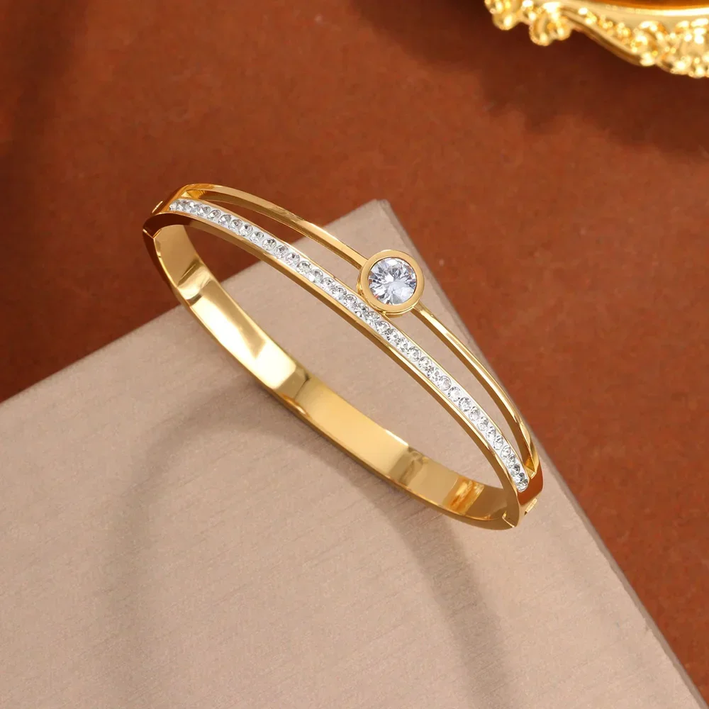 

Простой браслет из нержавеющей стали для женщин, Круглый циркониевый позолоченный двухслойный тонкий браслет из 18-каратного золота, ювелирные изделия, драгоценности для дня рождения