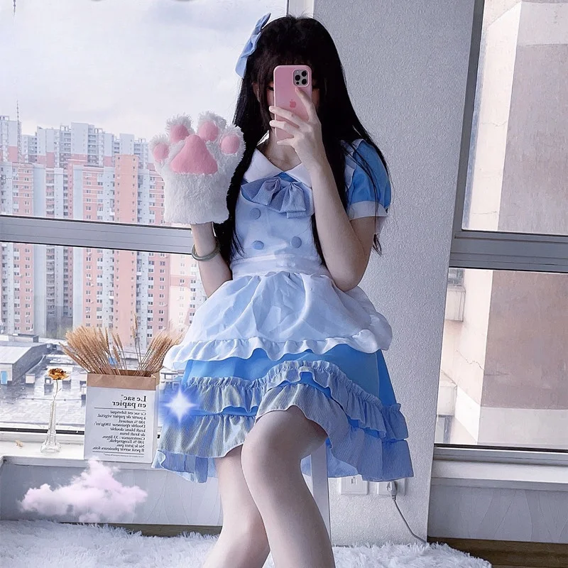 

Костюм японской голубой и белый горничной, одежда, Мягкое повседневное платье для девочек