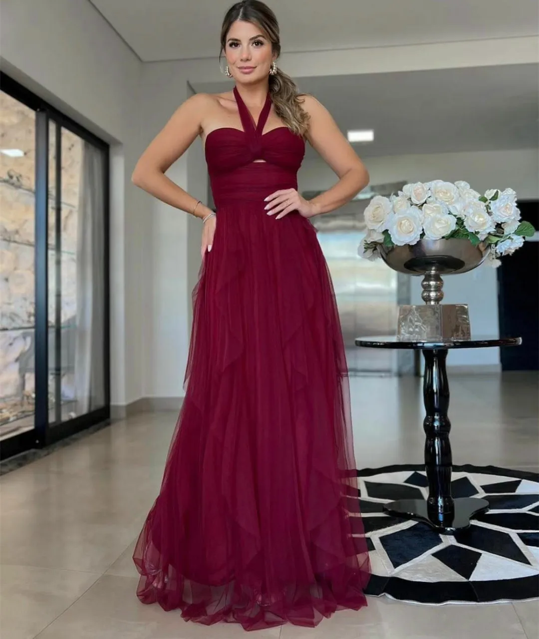 Elegant Long Halter Burgundy Prom Dresses A-Line Tulle Ruffled Wedding Guest Dress Floor Length Formal Evening Dress for Women
Elegant Long Halter Burgundy Prom Dresses A-Line Tulle Ruffled Wedding Guest Dress Floor Length Formal Evening Dress for Women
