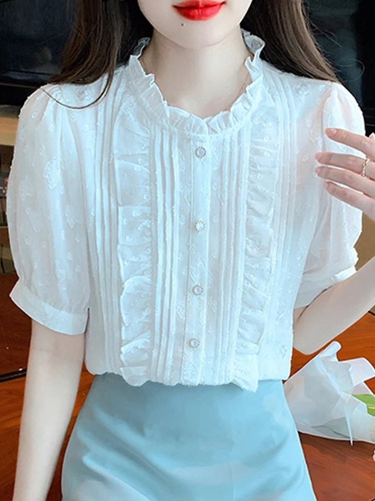 Летняя новая белая блузка с коротким рукавом, женская шифоновая блузка с оборками, рубашка, женские топы, модные женские рубашки 2023, летние рубашки G492 
Летняя новая белая блузка с коротким рукавом, женская шифоновая блузка с оборками, рубашка, женские топы, модные женские рубашки 2023, летние рубашки G492