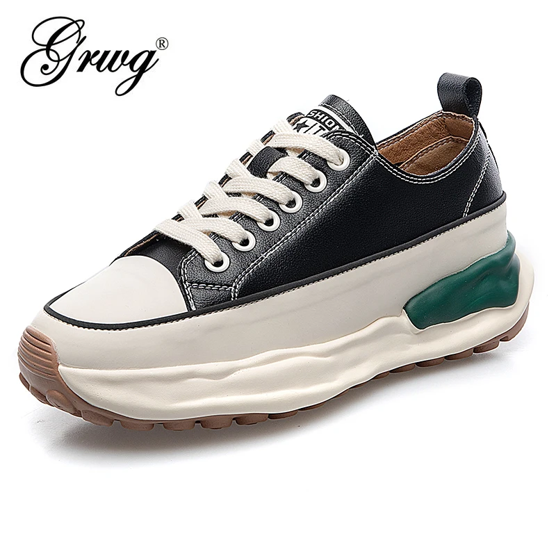 

GRWG Women's Genuine Cow Leather Chunky Sneakers Spring Summer Sports Casual Shoe Ladies Thick Soled Vulcanized Shoes