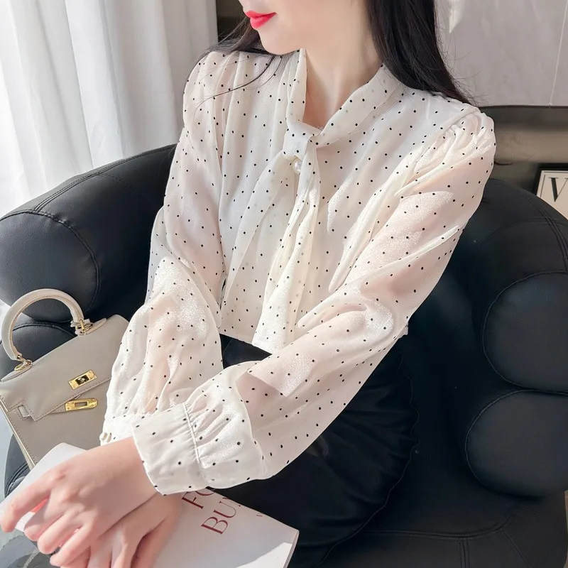 

Polka Dot Pearl Blouse Women Spring and Autumn 2024 French Style Long Sleeve Office Lady Fashion Basic Bow Pullover Tops Female