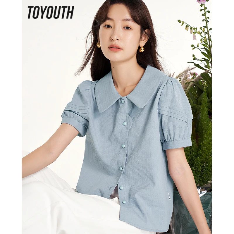 

Toyouth Women Blouse 2023 Summer Puff Sleeves Doll Collar Design Shirts Jacquard Petal Placket Cute Chic Tops