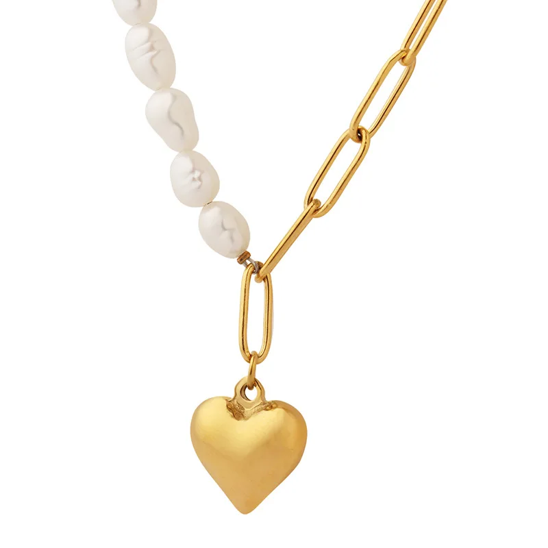 

Natural Freshwater Pearl Necklace Stainless Steel Heart Pendant Splicing Chain Women Gold-Plated Jewelry Summer Accessories