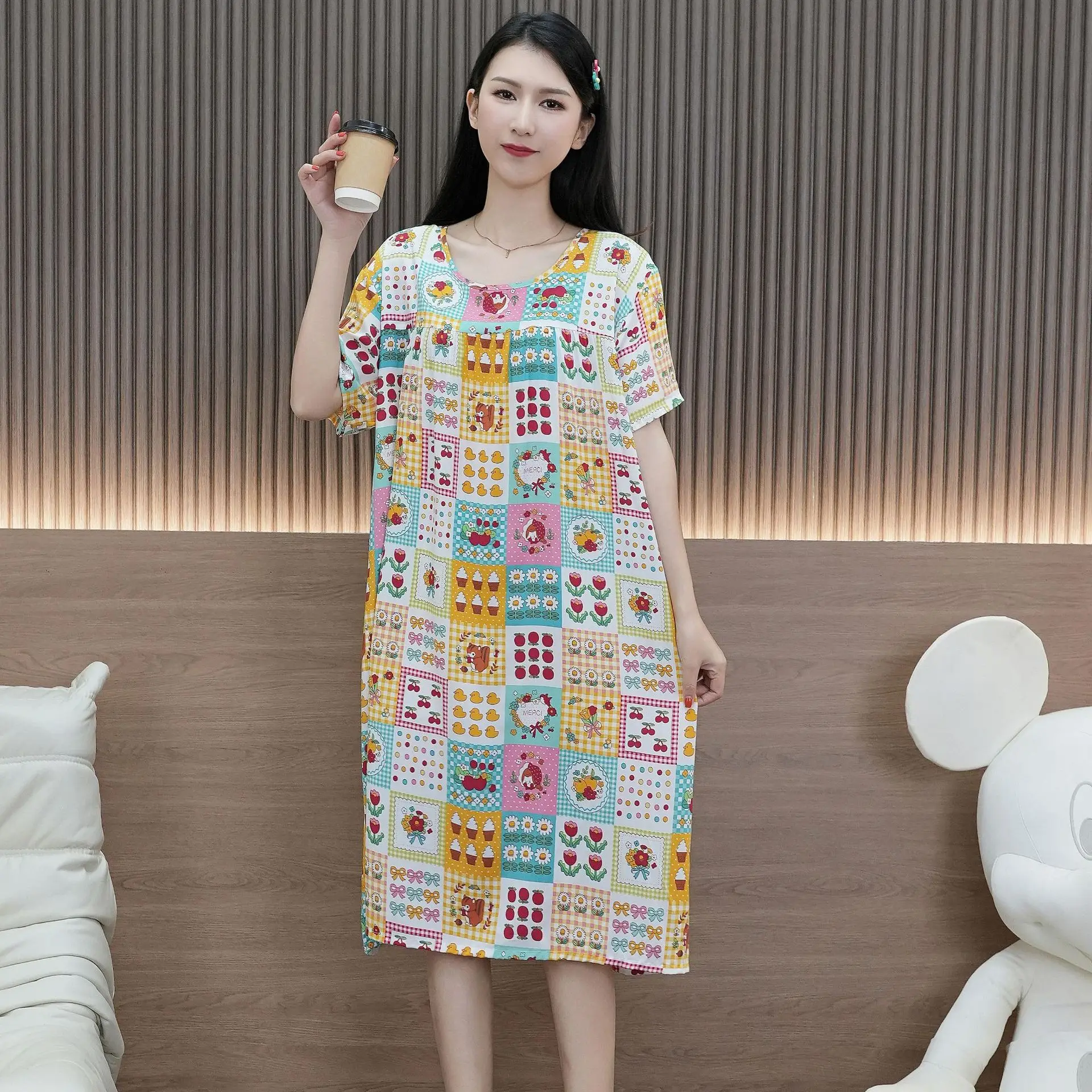

Korea Fashion Plus Size Pajamas Short Sleeve Sleepwear For Sleeping Women's Summer Printing Home Wear Dress Flower Nightdress