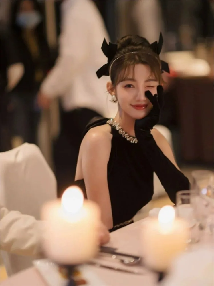 

Birthday Banquet Dinner Suit Light Luxury Minority Toast Dress Black Bow Halter