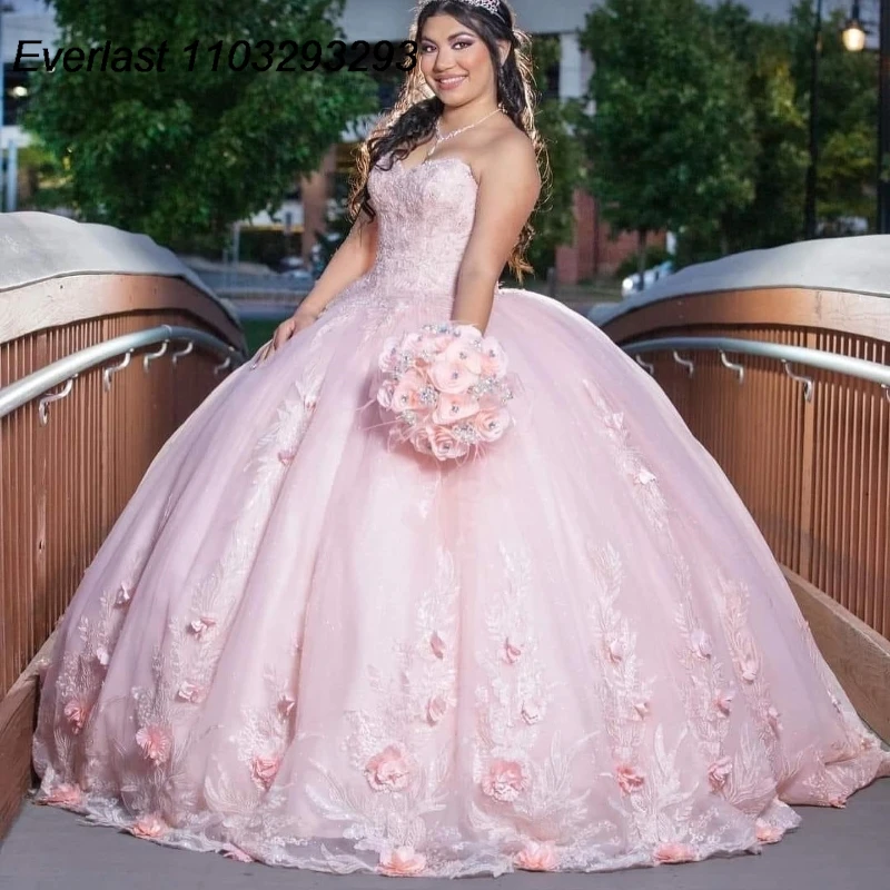 

EVLAST Sparkly Pink Quinceanera Dress Ball Gown 3D Floral Applique Beading Crystals Mexican Sweet 16 Vestido De 15 Anos TQD320